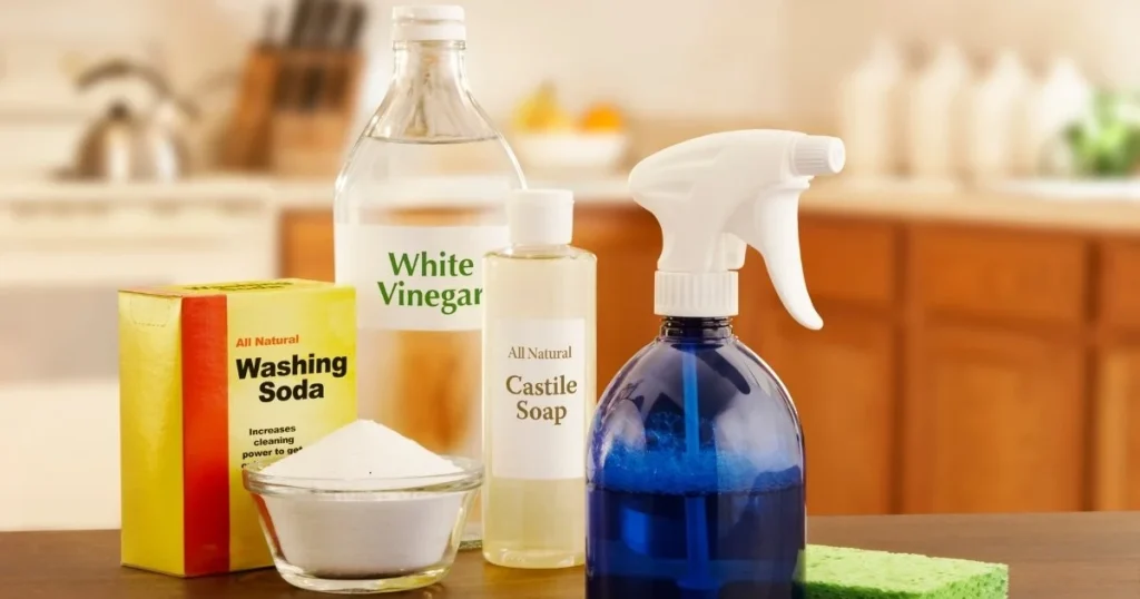 Ingrediënten om zelf schoonmaakmiddel te maken: azijn, soda en zeep