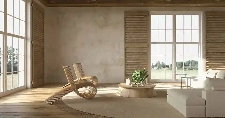 Licht Japandi en Scandinavisch interieur met houten meubels